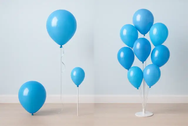 Jak zawiązać balon foliowy na patyk? Kilka niebieskich balonów, jeden na patyku, inny na wstążce, a grupa na stojaku.