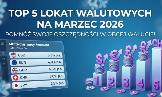 Top 5 lokat walutowych na marzec 2026: USD 5.5%, EUR 4.8%, GBP 4.6%, CHF 3.0%, JPY 2.5% p.a. Sprawdź, jaki procent na lokacie możesz zyskać!