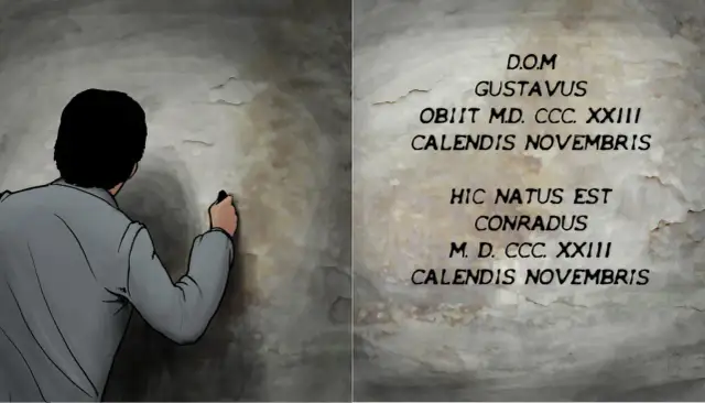 Mężczyzna pisze na ścianie, symbolizując przemianę Gustawa w Konrada. Widnieją napisy: "Gustavus obiit" i "Conradus natus".