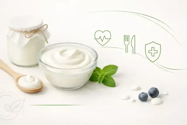 Słoik i miska z jogurtem naturalnym, łyżka, mięta, jagody i ikony zdrowia.
