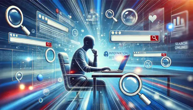 Człowiek przy laptopie, otoczony ikonami wyszukiwania i okienkami przeglądarek, symbolizuje różne rodzaje wyszukiwarek i proces poszukiwania informacji online.