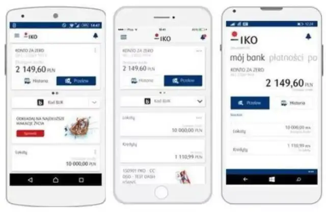 Trzy ekrany aplikacji IKO pokazują stan konta i oferty. Dowiedz się, jak aktywować IKO na drugim telefonie, by mieć dostęp do finansów zawsze pod ręką.