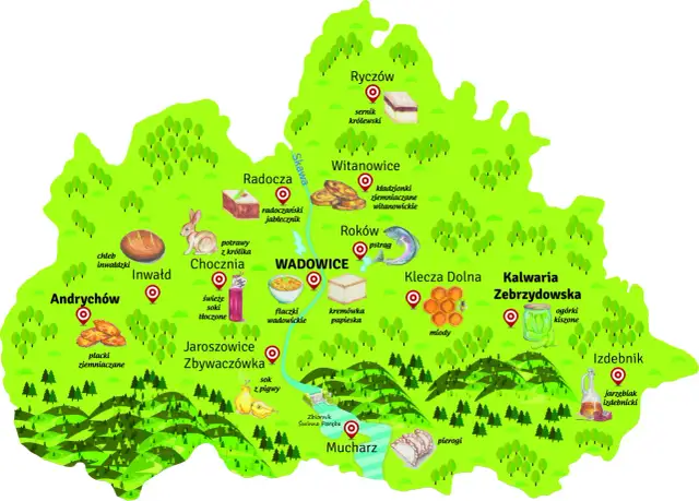 Ilustrowana mapa Wadowic i okolic z zaznaczonymi lokalnymi przysmakami i nazwami miejscowości.