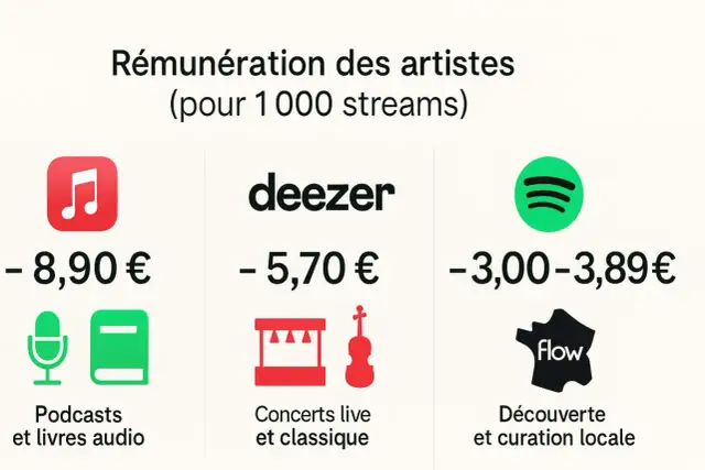 Comparaison des revenus pour 1000 streams : Apple Music, Deezer et Spotify. Lequel choisir pour maximiser ses gains ?