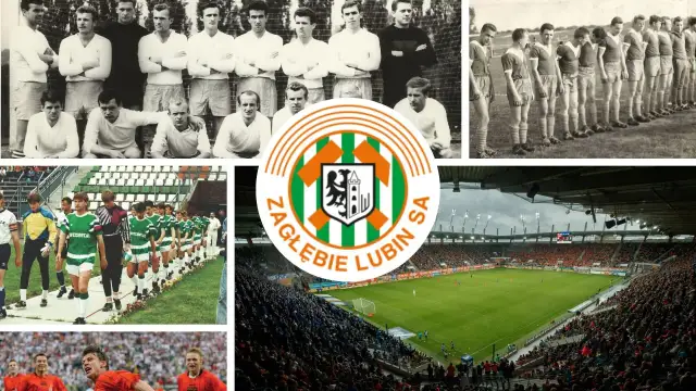 Kolaż zdjęć z historią MKS Zagłębie Lubin: drużyny w różnych latach, herb klubu i stadion pełen kibiców.