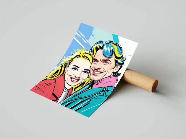 Kolorowy pop art portret pary z uśmiechem na twarzy, z jaskrawymi włosami i ubraniami.