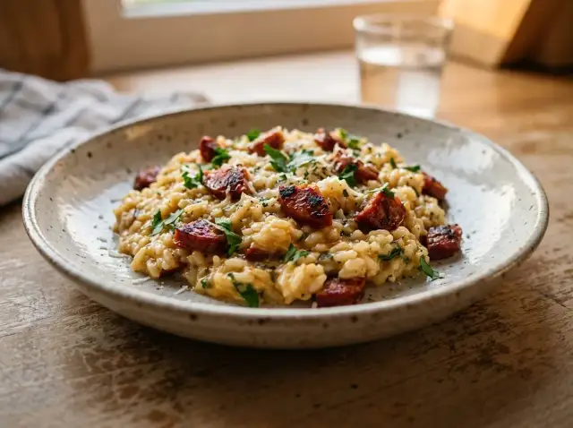 Risotto z chorizo i natką pietruszki na talerzu, z widokiem na okno.