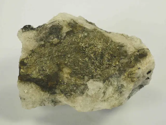 Gestein mit glänzenden, goldfarbenen Pyrit-Kristallen. Vorsicht, Pyrit ist giftig!