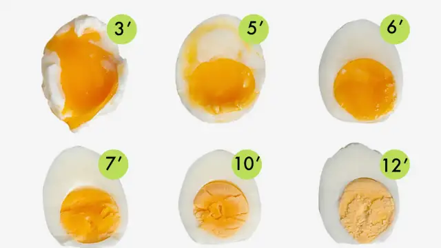 Huevos cocidos con diferentes tiempos de cocción: 3', 5', 6', 7', 10' y 12'. Muestra la progresión de la yema líquida a firme.