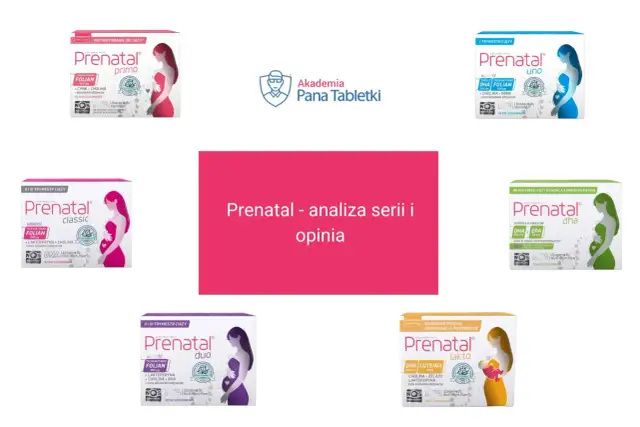 Różne opakowania suplementów diety Prenatal, wspierające witaminy karmienie piersią i ciążę.