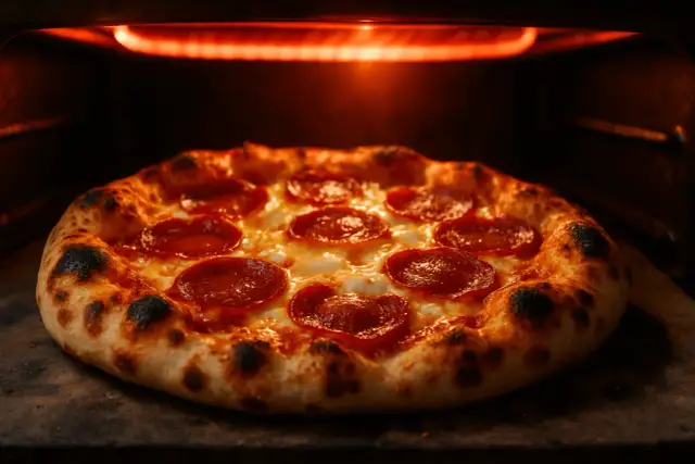 Pyszna pizza pepperoni w piecu, z rumianym, lekko przypalonym brzegiem. Czy pieczona z termoobiegiem, czy bez, wygląda apetycznie!