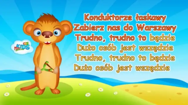 Bajkowy zajączek z procą w łapkach, na tle nieba i zielonej łączki, śpiewa piosenkę "Konduktorze łaskawy, zabierz nas do Warszawy". Jedzie pociąg z daleka.