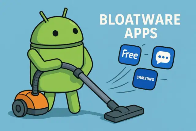 Android-Roboter saugt Bloatware-Apps wie "Free", "Samsung" und eine Chat-Blase ab.