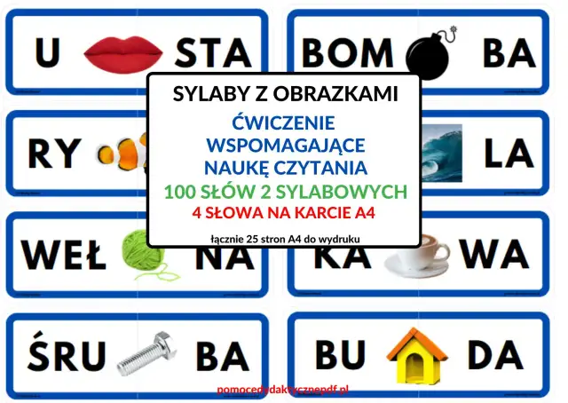 Zestaw kart do druku: sylaby z obrazkami do nauki czytania. Zawiera 100 dwusylabowych słów, 4 na karcie A4.