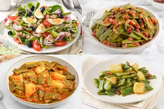 Cuatro platos de judías verdes: ensalada con atún, con bacon, con patatas y tomate, y salteadas con patatas. ¡Ideas para recetas de judías verdes!