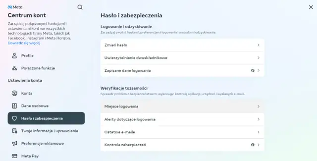 Centrum kont Meta: Hasło i zabezpieczenia. Sekcja "Logowanie i odzyskiwanie" pozwala sprawdzić, jak sprawdzić logowanie na Messengerze, zmienić hasło i włączyć uwierzytelnianie dwuskładnikowe.