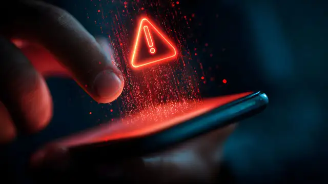 Czerwony trójkąt z wykrzyknikiem nad smartfonem, symbolizujący problem z aktualizacją telefonu.