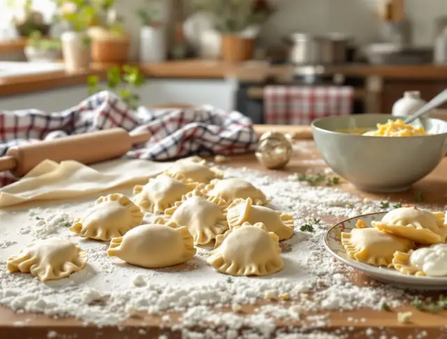 Gotowe do gotowania pierogi ruskie, świeżo lepiońce na blacie kuchennym. Obok wałek, ciasto i miska z farszem.