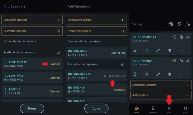 Interface pour connecter JBL ensemble. L'écran montre la recherche et la connexion d'enceintes JBL EON1MK2.