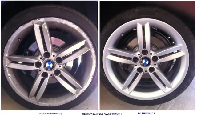Porównanie felgi aluminiowej BMW przed i po renowacji. Widać znaczącą poprawę wyglądu, co sugeruje, jaki podkład do felg aluminiowych został użyty.
