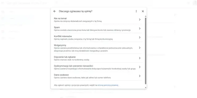 Zgłaszanie opinii Google. Wybierz powód: nie na temat, spam, konflikt interesów, wulgaryzmy, nękanie, dyskryminacja, dane osobowe.