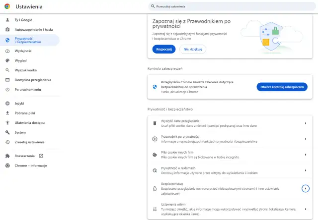 Ustawienia prywatności i bezpieczeństwa w Chrome. Przeglądarka ostrzega o niebezpieczna strona i oferuje kontrolę zabezpieczeń.