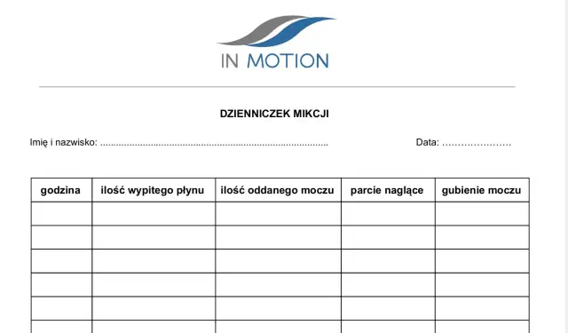 Dzienniczek mikcji do zapisywania ilości wypitego płynu, oddanego moczu, parć naglących i gubienia moczu.