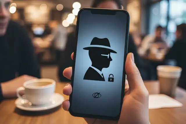 Telefon w trybie prywatnym. Ikona detektywa z kłódką i przekreślonym okiem symbolizuje bezpieczeństwo i anonimowość.