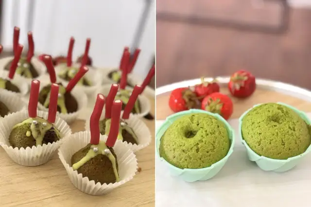 Dwa ujęcia: muffinki z czerwonymi patyczkami i posypką, oraz zielone muffinki z truskawkami.