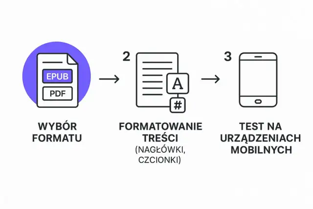 Proces tworzenia ebooków: wybór formatu (EPUB, PDF), formatowanie treści (nagłówki, czcionki) i test na urządzeniach mobilnych. Klucz do tego, jak zarabiać na ebookach.