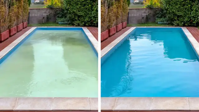 Comparativa de reforma piscina antes y después: agua verde y turbia transformada en un azul cristalino y refrescante.