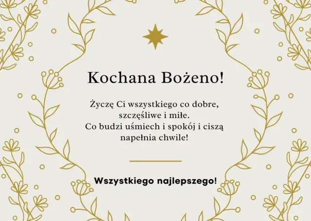 Złote, delikatne ozdoby kwiatowe otaczają życzenia imieninowe dla Bożeny. Wierszyki na imieniny pełne ciepłych słów.