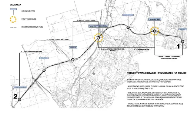 Mapa projektowanych tras rowerowych w Rybniku z zaznaczonymi stacjami, strefami rekreacyjnymi i połączeniami.
