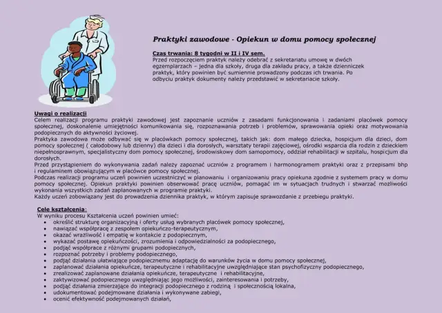 Jak wypełnić dziennik praktyk opiekuna medycznego: opis celów, uwag i zadań. Ilustracja przedstawia opiekuna przy pacjencie na wózku.