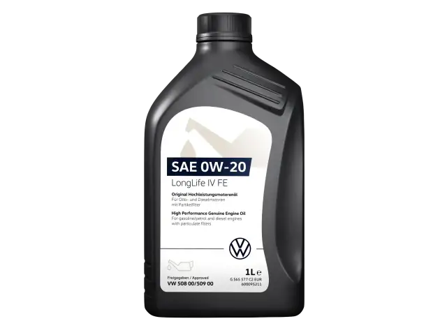 Schwarze Ölflasche mit weißem Etikett, SAE 0W-20 LongLife IV FE, VW-Logo.