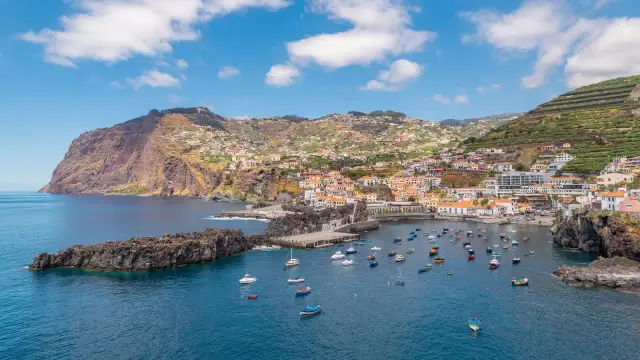 Widok na Câmara de Lobos: zatoka z łodziami, miasto na zboczu i klify.