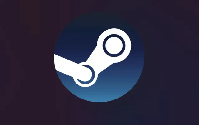 Logo Steam na tle gradientu od ciemnego fioletu do niebieskiego.