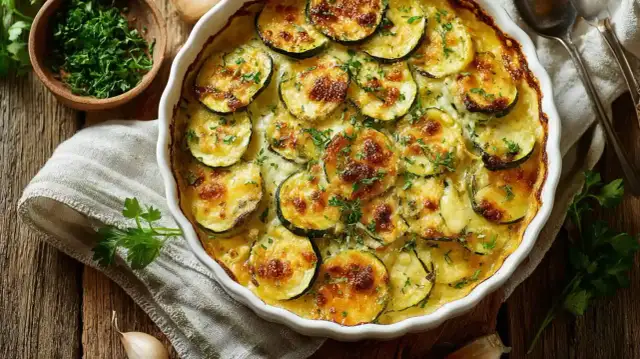 Ein goldbraun gebackener Zucchini Auflauf mit Käse überbacken, garniert mit frischer Petersilie.