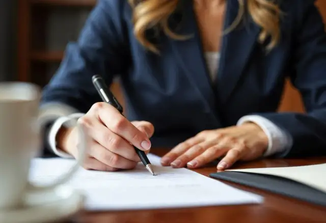Kobieta w garniturze podpisuje dokument. Dowiedz się, ile kosztuje wpis do księgi wieczystej u notariusza.