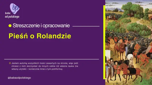 Ilustracja przedstawia scenę bitwy z "Pieśni o Rolandzie", epickiego poematu rycerskiego, gatunek literacki.