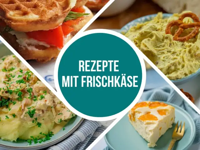 Vier Gerichte mit Frischkäse: Waffel-Sandwich, Dip, Hähnchen mit Kartoffelpüree und Kuchen.