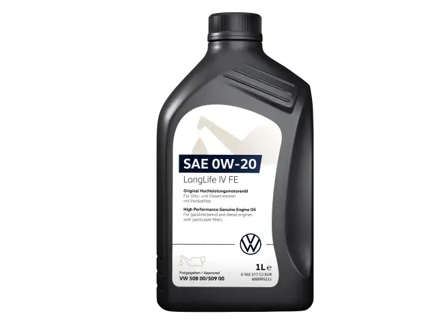 Schwarze Ölflasche mit SAE 0W-20 LongLife IV FE Aufschrift und VW-Logo.