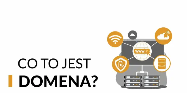 Grafika wyjaśnia, co to jest mobi i domena. Ikony symbolizują sieć, bezpieczeństwo, chmurę i serwery.