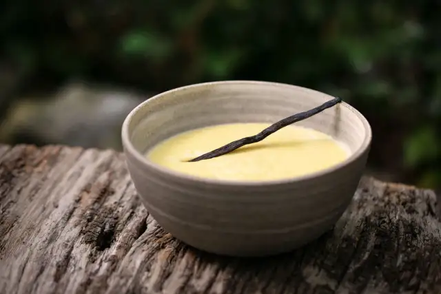 Schüssel mit cremigem Vanillepudding, garniert mit einer Vanilleschote. Perfekt, um Pudding selber machen zu lernen.