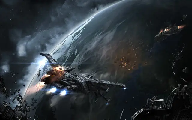 Bitwa kosmiczna nad planetą, zniszczone statki i szczątki. To może być scena z gry, która doczekała się **eve online spolszczenie**.