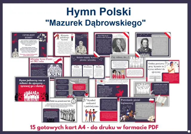 Hymn Polski "Mazurek Dąbrowskiego" - karty edukacyjne. Tekst hymnu, historia, twórcy i symbolika.