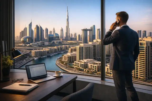 Biznesmen rozmawia przez telefon, patrząc na panoramę Dubaju. Na biurku laptop, kawa i notatnik. To symbol nowoczesnej pracy w Dubaju.