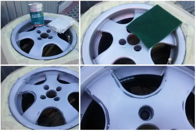 Przygotowanie felgi aluminiowej do malowania: odtłuszczanie i szlifowanie. Jaki papier ścierny do felg aluminiowych? Zielona gąbka ścierna i preparat do usuwania silikonu.