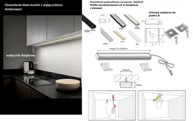 Oświetlenie LED pod szafkami kuchennymi z wyłącznikiem dotykowym i akcesoriami montażowymi.