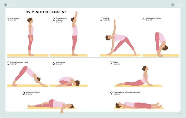 Illustrationen von 9 Yoga-Posen für Anfänger, von Berghaltung bis Totenstellung.